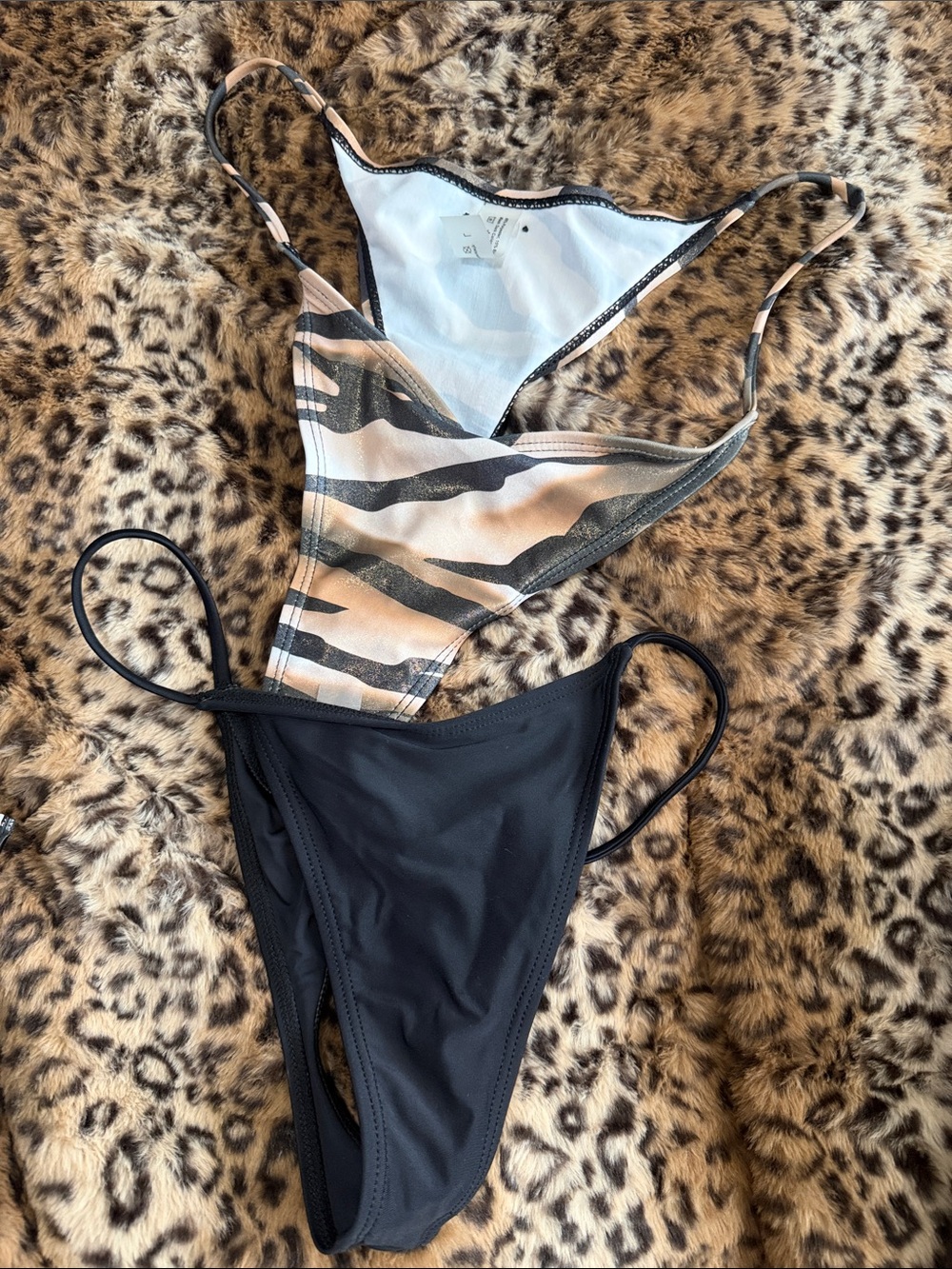 NWOT Women’s Two-Piece Swim Set — Black & Beige Zebra Print